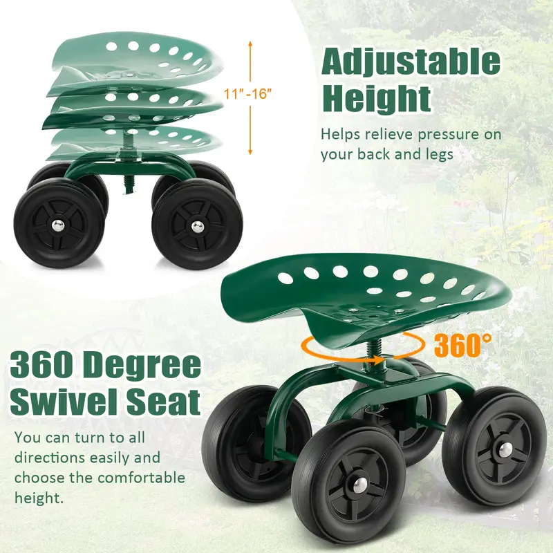 Goplus Gartenwagen mit Rädern, Multifunktions-Hockerwagen mit verstellbarem 360-Grad-Dreh-Sitz