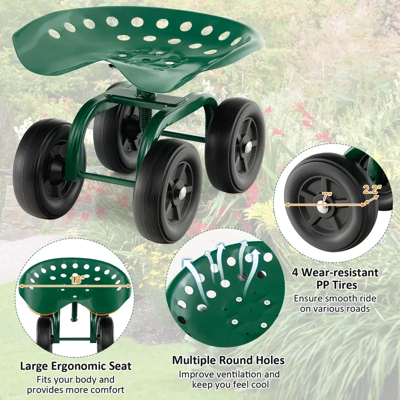 Goplus Gartenwagen mit Rädern, Multifunktions-Hockerwagen mit verstellbarem 360-Grad-Dreh-Sitz