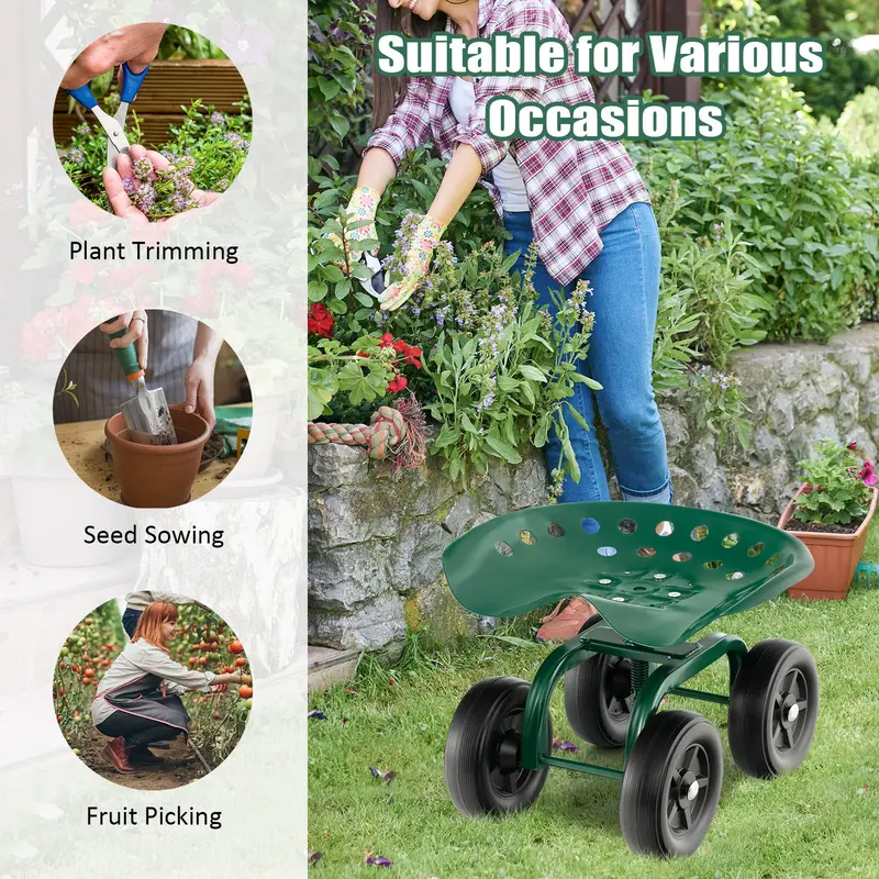 Goplus Gartenwagen mit Rädern, Multifunktions-Hockerwagen mit verstellbarem 360-Grad-Dreh-Sitz