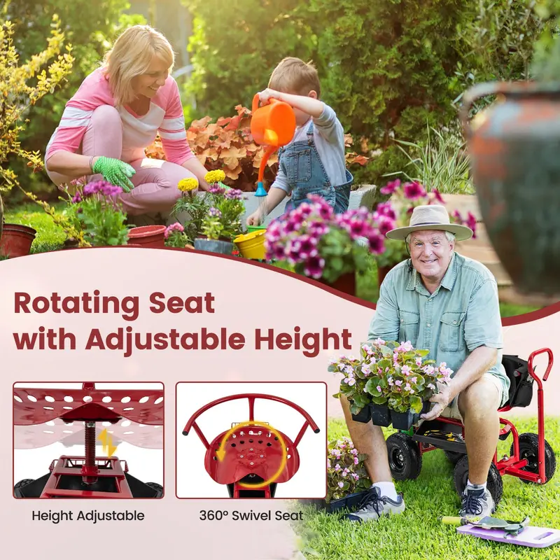 GoPlus Gartenwagen, rollender Gartenroller mit verstellbarem 360-Grad-Schwenksitz