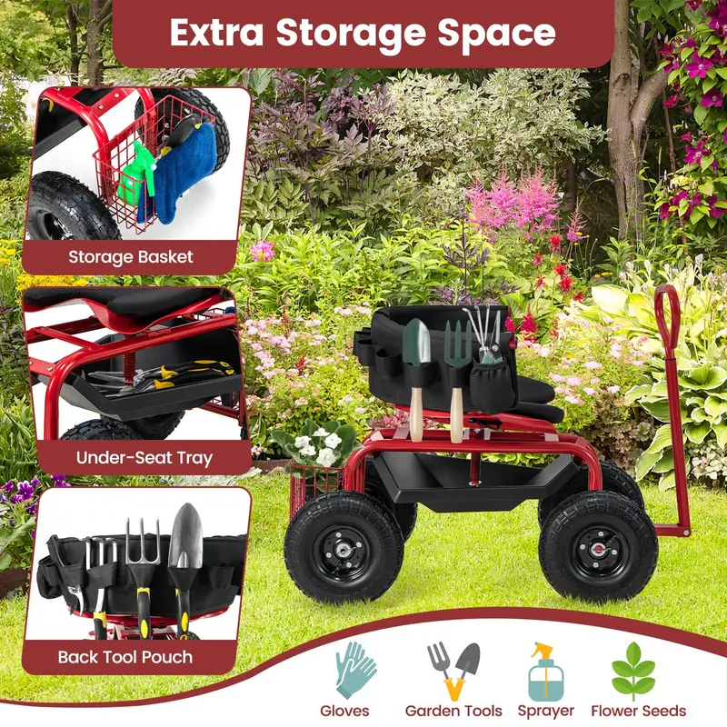 GoPlus Gartenwagen, rollender Gartenroller mit verstellbarem 360-Grad-Schwenksitz