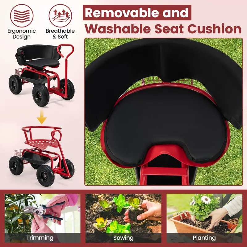 GoPlus Gartenwagen, rollender Gartenroller mit verstellbarem 360-Grad-Schwenksitz
