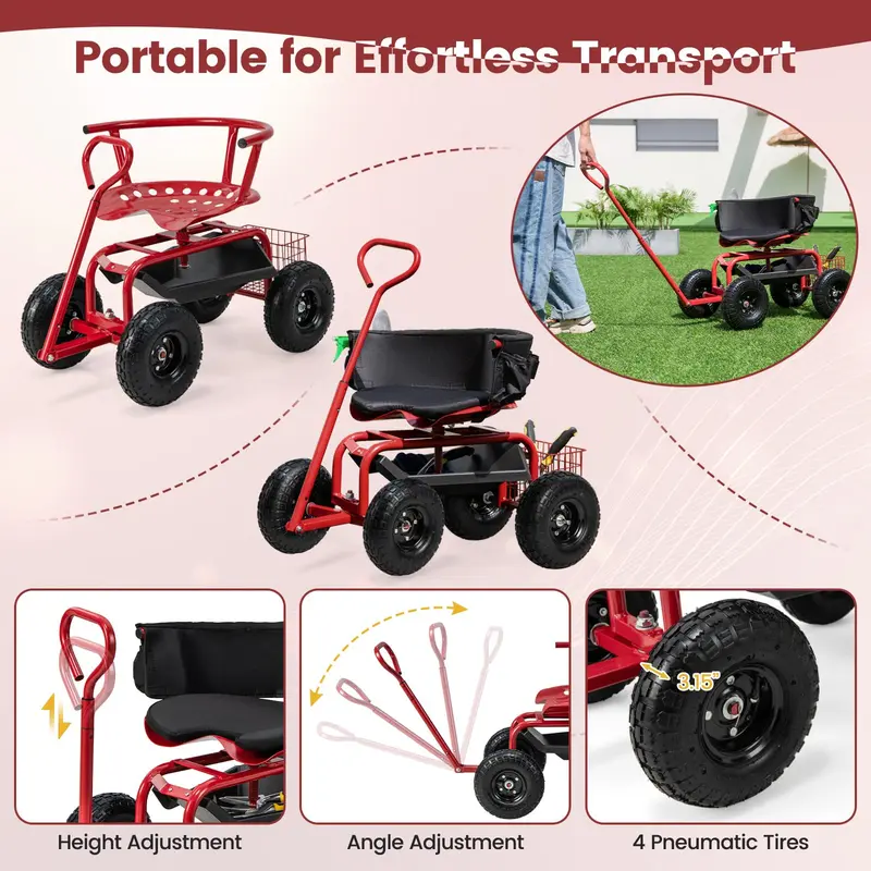 GoPlus Gartenwagen, rollender Gartenroller mit verstellbarem 360-Grad-Schwenksitz