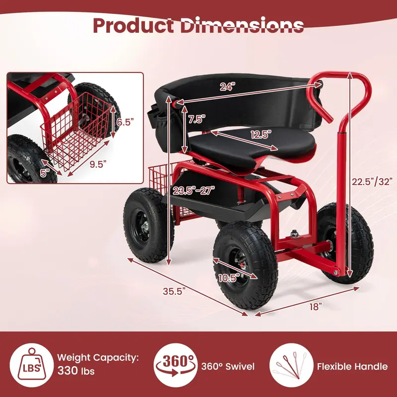 GoPlus Gartenwagen, rollender Gartenroller mit verstellbarem 360-Grad-Schwenksitz