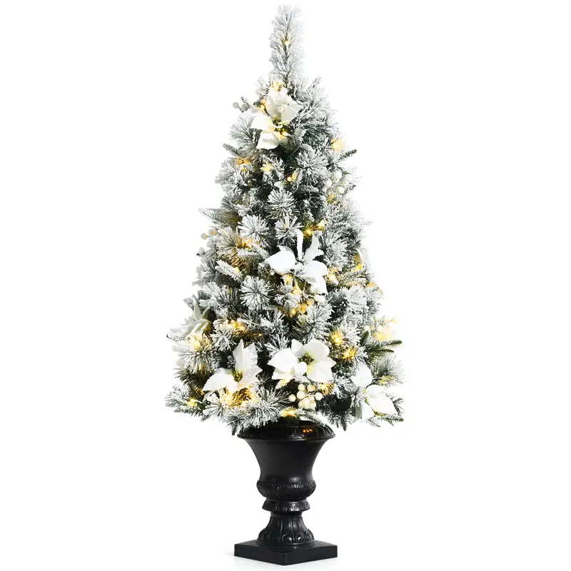 GoPlus geflockter weißer Weihnachtsbaum für Eingangsbereiche, vorgelichteter künstlicher Weihnachtsbaum mit warmweißen LED-Leuchten