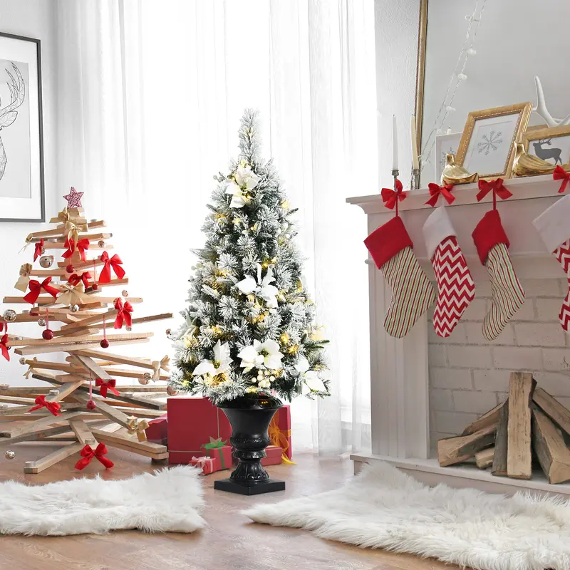 GoPlus geflockter weißer Weihnachtsbaum für Eingangsbereiche, vorgelichteter künstlicher Weihnachtsbaum mit warmweißen LED-Leuchten 2