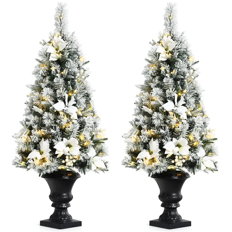 GoPlus geflockter weißer Weihnachtsbaum für Eingangsbereiche, vorgelichteter künstlicher Weihnachtsbaum mit warmweißen LED-Leuchten