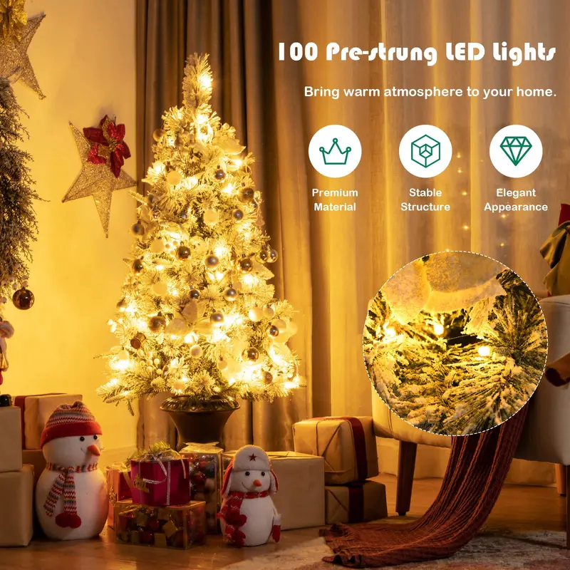 GoPlus geflockter weißer Weihnachtsbaum für Eingangsbereiche, vorgelichteter künstlicher Weihnachtsbaum mit warmweißen LED-Leuchten