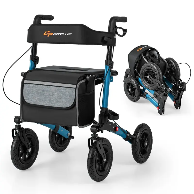GoPlus Gehhilfe für Senioren mit Sitz – 2-in-1-Klapp-Rollator mit 23 cm Luftbereifung für alle Untergründe