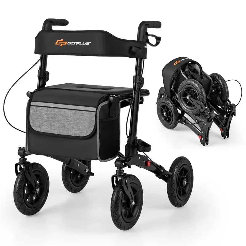GoPlus Gehhilfe für Senioren mit Sitz – 2-in-1-Klapp-Rollator mit 23 cm Luftbereifung für alle Untergründe
