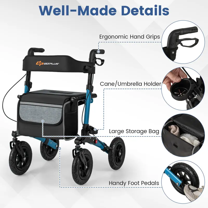 GoPlus Gehhilfe für Senioren mit Sitz – 2-in-1-Klapp-Rollator mit 23 cm Luftbereifung für alle Untergründe