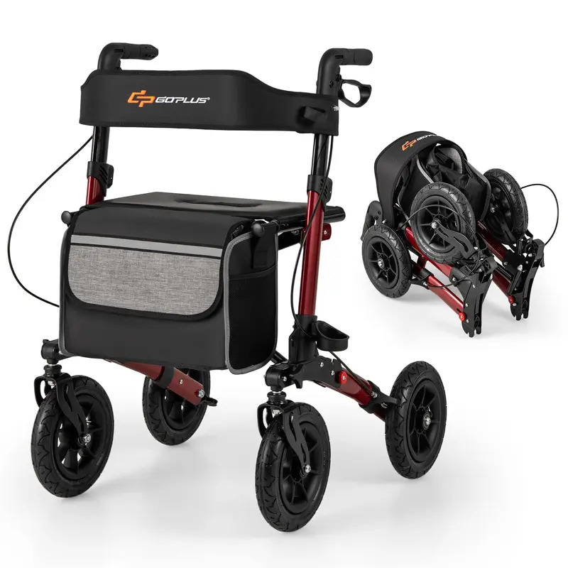 GoPlus Gehhilfe für Senioren mit Sitz – 2-in-1-Klapp-Rollator mit 23 cm Luftbereifung für alle Untergründe