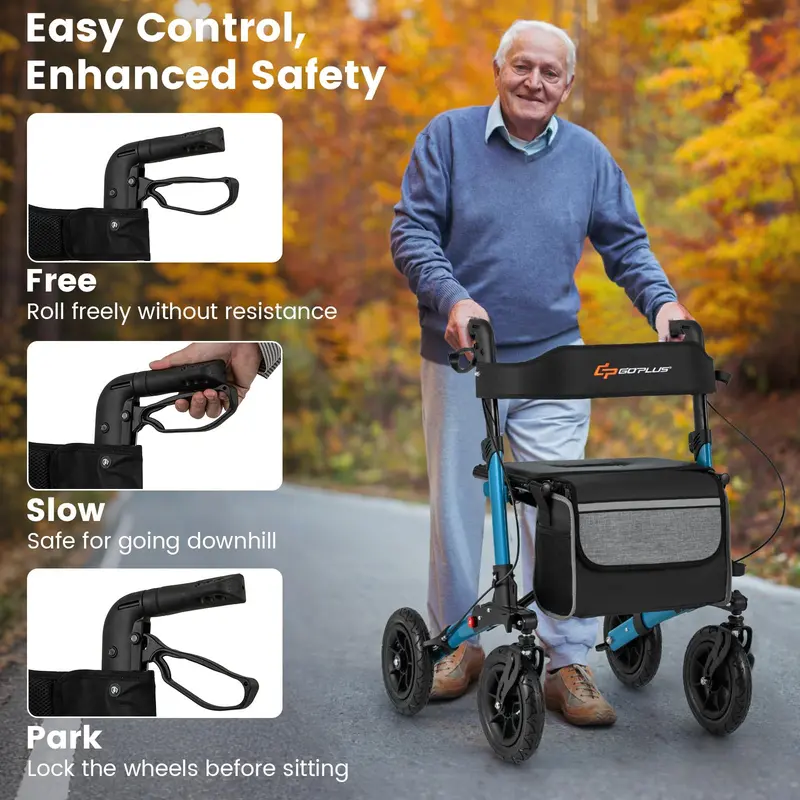 GoPlus Gehhilfe für Senioren mit Sitz – 2-in-1-Klapp-Rollator mit 23 cm Luftbereifung für alle Untergründe