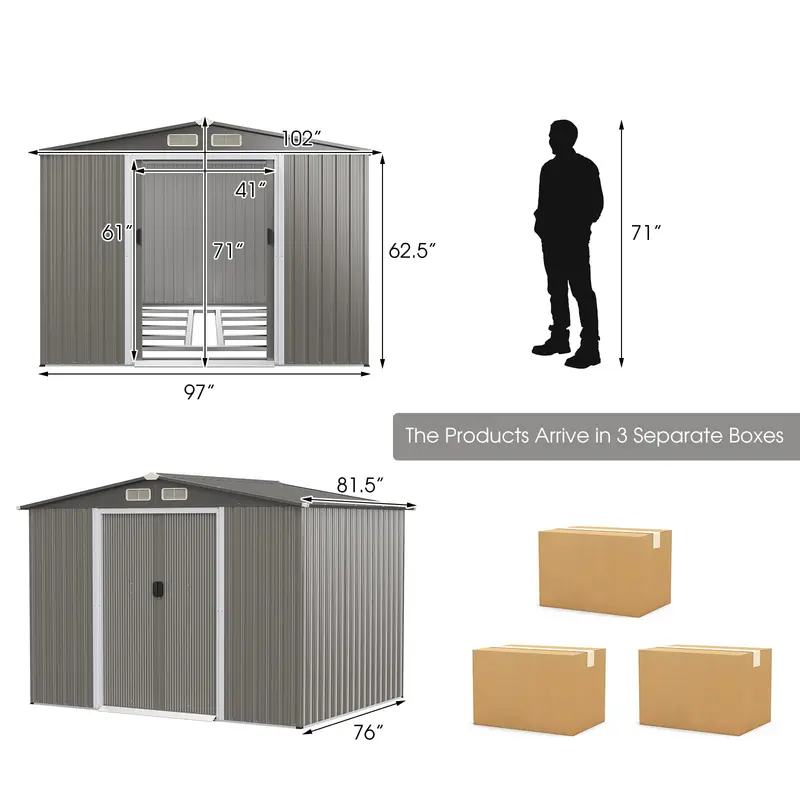 Goplus Geräteschuppen für den Außenbereich, 2,6 x 2,1 x 1,8 m, wetterfester Multifunktions-Tool-Organizer mit Fundament