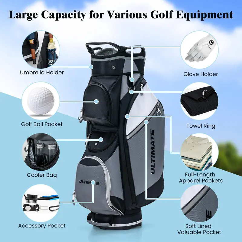 GoPlus Golf-Cart-Tasche mit 14-fachem Top-Teiler, Golf-Tasche mit 7 Reißverschluss-Fächern inkl. Kühlbeutel