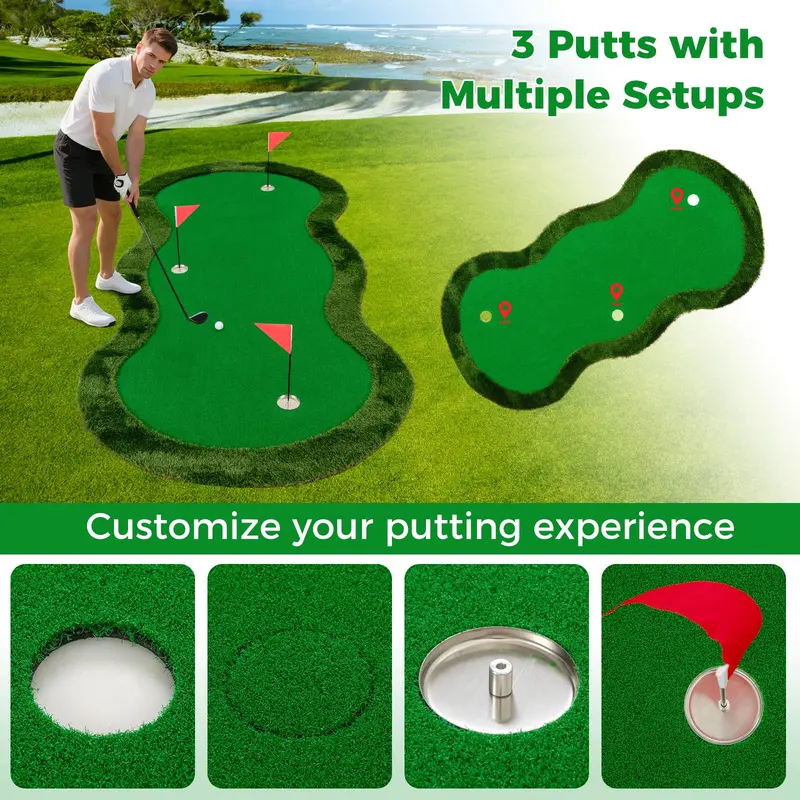 Goplus Großer Golf-Putting-Green (300 × 150 cm) mit 3 Löchern und 3 Fahnen