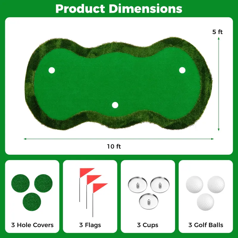 Goplus Großer Golf-Putting-Green (300 × 150 cm) mit 3 Löchern und 3 Fahnen