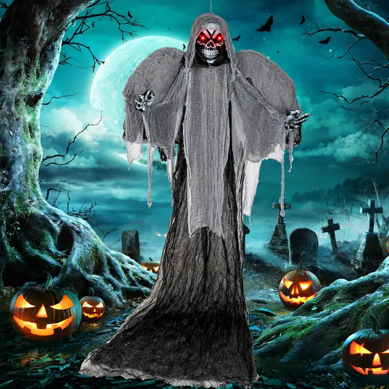 GoPlus hängende Halloween-Dekoration: 3,7 m Skelettgespenst mit flackernden roten Augen und gruseligen Geräuschen