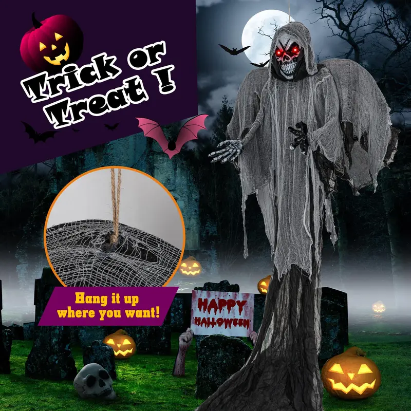 GoPlus hängende Halloween-Dekoration: 3,7 m Skelettgespenst mit flackernden roten Augen und gruseligen Geräuschen