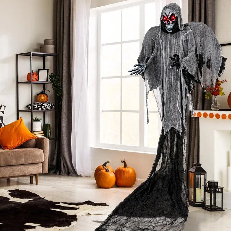 GoPlus hängende Halloween-Dekoration: 3,7 m Skelettgespenst mit flackernden roten Augen und gruseligen Geräuschen