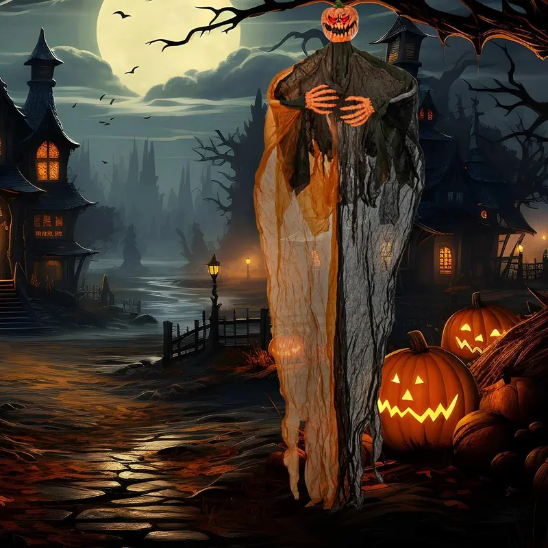 Goplus Halloween-Hänge-Dekoration, 1,83 m, Gespenst mit Kürbisgesicht und roten LED-Augen sowie beweglichen Armen