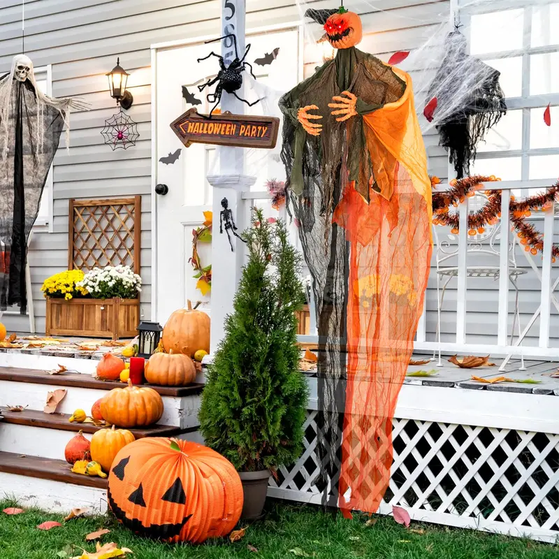 Goplus Halloween-Hänge-Dekoration, 1,83 m, Gespenst mit Kürbisgesicht und roten LED-Augen sowie beweglichen Armen 2