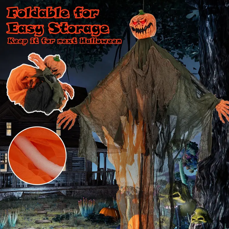 Goplus Halloween-Hänge-Dekoration, 1,83 m, Gespenst mit Kürbisgesicht und roten LED-Augen sowie beweglichen Armen