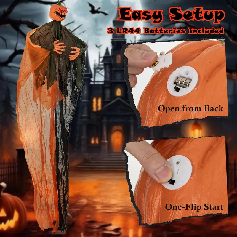 Goplus Halloween-Hänge-Dekoration, 1,83 m, Gespenst mit Kürbisgesicht und roten LED-Augen sowie beweglichen Armen