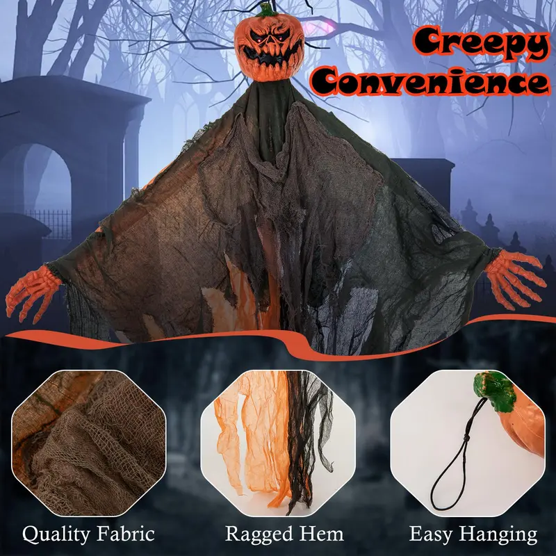 Goplus Halloween-Hänge-Dekoration, 1,83 m, Gespenst mit Kürbisgesicht und roten LED-Augen sowie beweglichen Armen