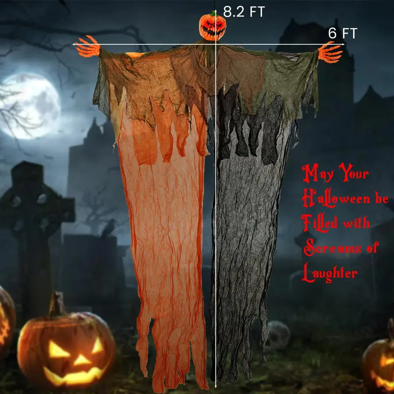 Goplus Halloween-Hänge-Dekoration, 1,83 m, Gespenst mit Kürbisgesicht und roten LED-Augen sowie beweglichen Armen