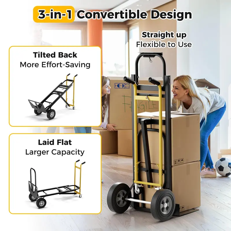 GoPlus Handtruck, 3-in-1 umwandelbarer Metall-Dolly-Wagen mit 4 Gummirädern, maximale Traglast 454 kg 2