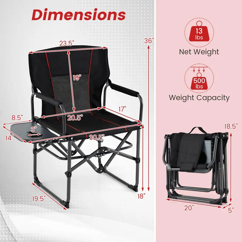 Goplus Heavy-Duty Regie-Stuhl mit Seitentisch, Getränkehalter und Tragetasche