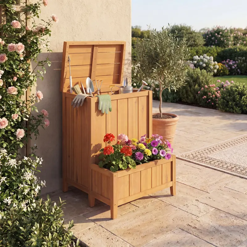 Goplus Holz-Paketbox mit Pflanzkasten – Mehrzweck-Außenlagerbehälter 2