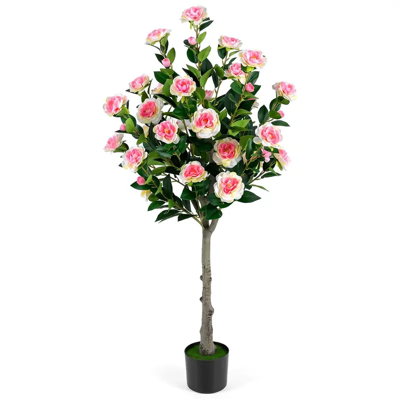 GoPlus-Kamelienbaum aus Kunststoff, 128 cm, mit 27 Blüten | Realistischer künstlicher Topfbaum mit Kamelienblüten