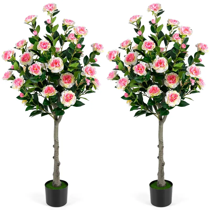 GoPlus-Kamelienbaum aus Kunststoff, 128 cm, mit 27 Blüten | Realistischer künstlicher Topfbaum mit Kamelienblüten