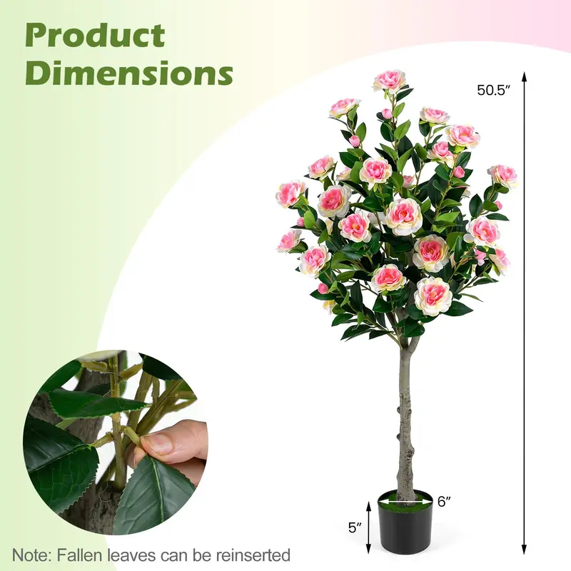 GoPlus-Kamelienbaum aus Kunststoff, 128 cm, mit 27 Blüten | Realistischer künstlicher Topfbaum mit Kamelienblüten