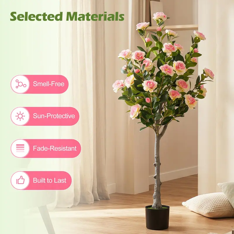 GoPlus-Kamelienbaum aus Kunststoff, 128 cm, mit 27 Blüten | Realistischer künstlicher Topfbaum mit Kamelienblüten