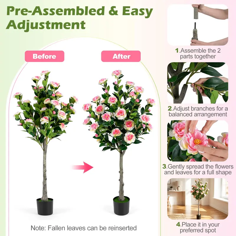 GoPlus-Kamelienbaum aus Kunststoff, 128 cm, mit 27 Blüten | Realistischer künstlicher Topfbaum mit Kamelienblüten