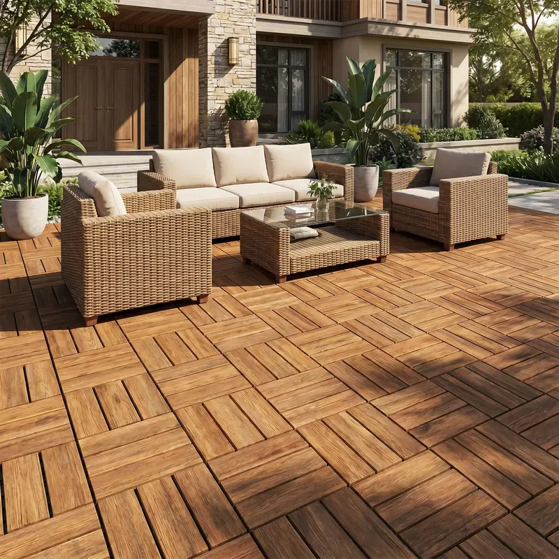 GoPlus karierte Deckplatten aus Akazienholz, 30 x 30 cm, steckbare Bodenplatten für Terrassen 2