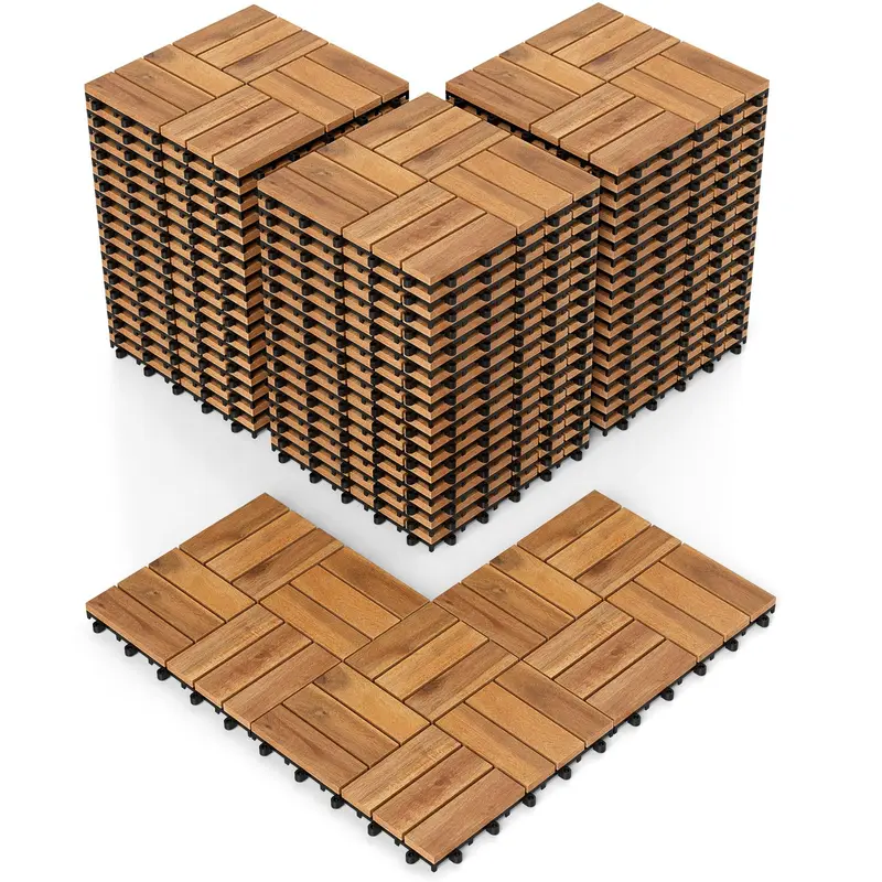 GoPlus karierte Deckplatten aus Akazienholz, 30 x 30 cm, steckbare Bodenplatten für Terrassen