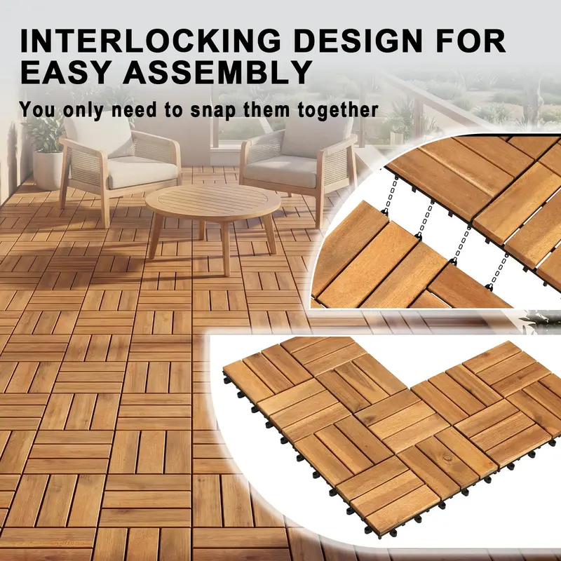 GoPlus karierte Deckplatten aus Akazienholz, 30 x 30 cm, steckbare Bodenplatten für Terrassen
