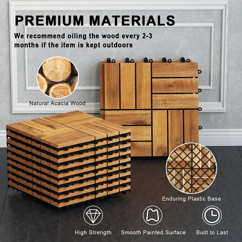 GoPlus karierte Deckplatten aus Akazienholz, 30 x 30 cm, steckbare Bodenplatten für Terrassen