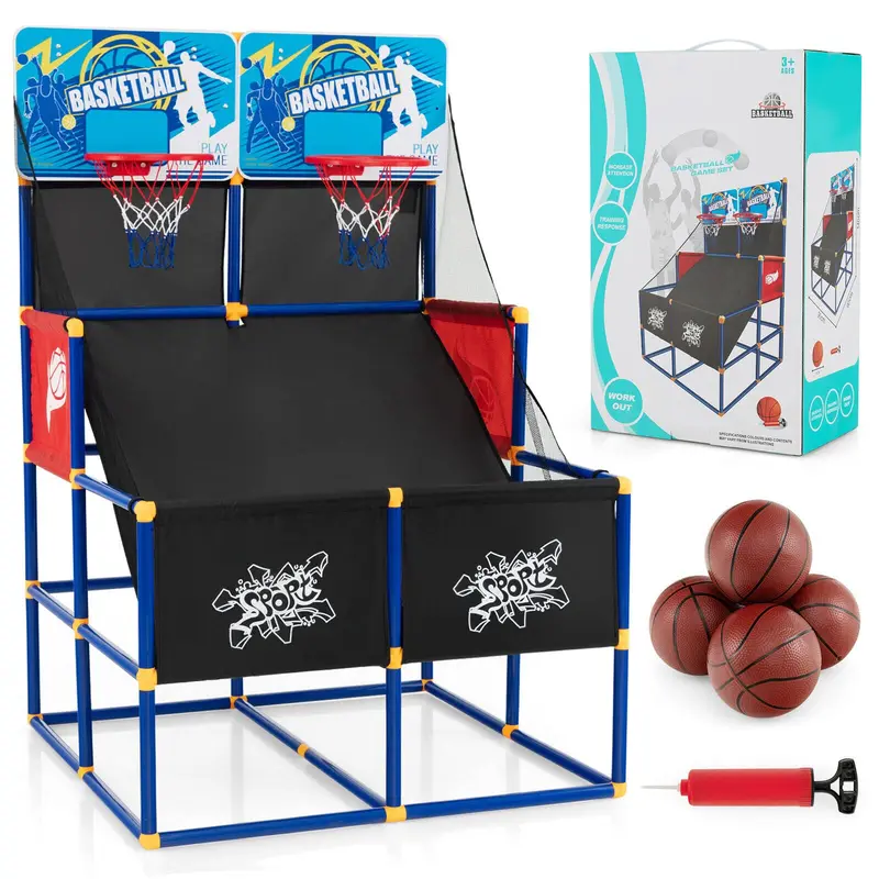 Goplus Kinder-Basketball-Arcade-Spiel, Duales Basketball-Wurfspiel für 2 Spieler mit 4 Bällen und Luftpumpe