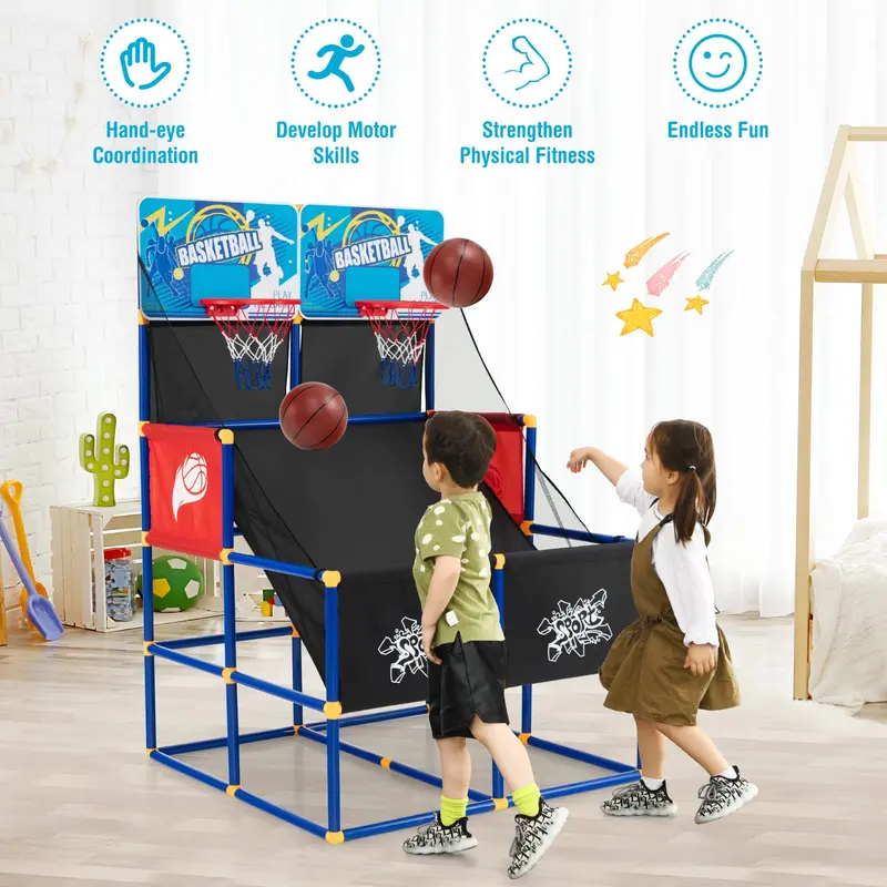 Goplus Kinder-Basketball-Arcade-Spiel, Duales Basketball-Wurfspiel für 2 Spieler mit 4 Bällen und Luftpumpe