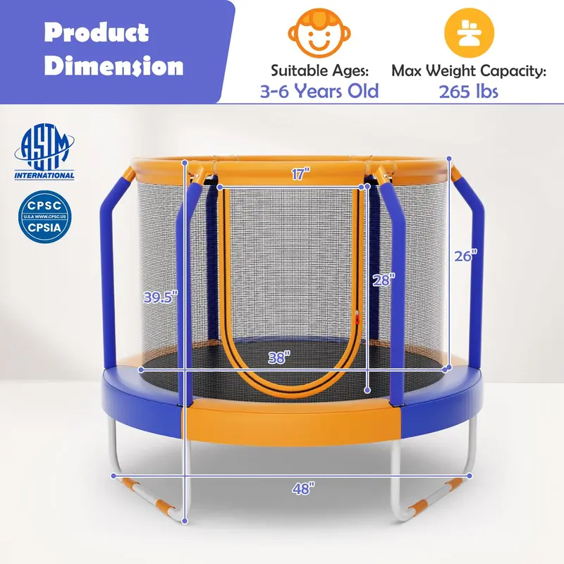 Goplus Kinder-Trampolin, 48" (122 cm) – ASTM-zertifiziertes Freizeit-Trampolin mit Sicherheitsabstand-Konzept