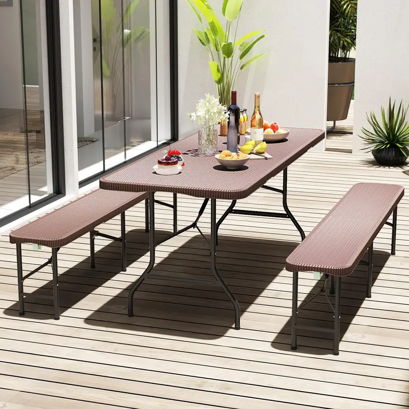 Goplus-Klapp-Tisch aus Kunststoff, 183 cm, für den Außenbereich – Hochbelastbarer Klapp-Tisch mit 160 kg Traglast und Tischplatte aus HDPE im Rattan-Look 2