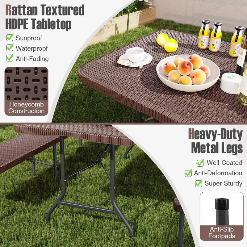 Goplus-Klapp-Tisch aus Kunststoff, 183 cm, für den Außenbereich – Hochbelastbarer Klapp-Tisch mit 160 kg Traglast und Tischplatte aus HDPE im Rattan-Look