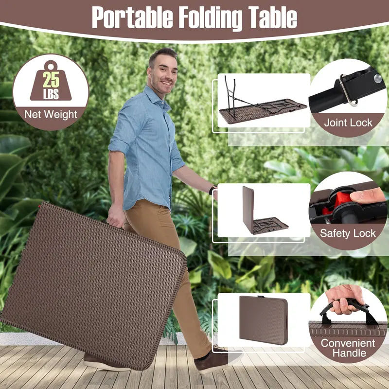 Goplus-Klapp-Tisch aus Kunststoff, 183 cm, für den Außenbereich – Hochbelastbarer Klapp-Tisch mit 160 kg Traglast und Tischplatte aus HDPE im Rattan-Look