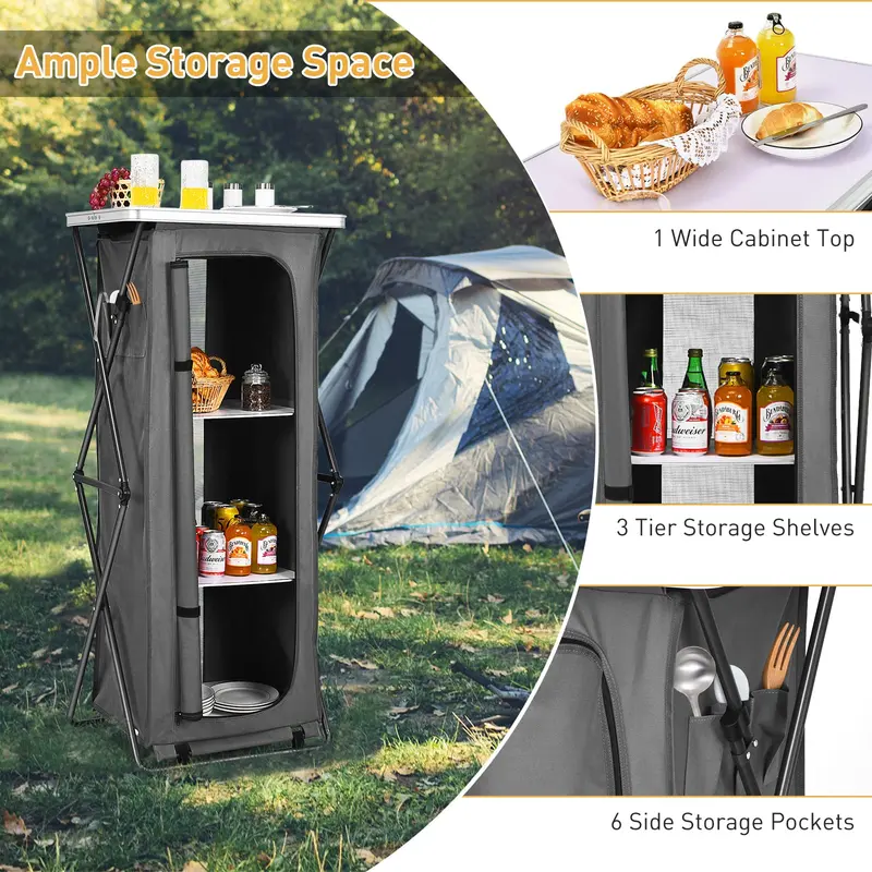 Goplus Klappbarer Camping-Speiseschrank, schnellaufbauende Outdoor-Camping-Küchenstation mit großem 3-Ebenen-Aufbewahrungsorganizer 2