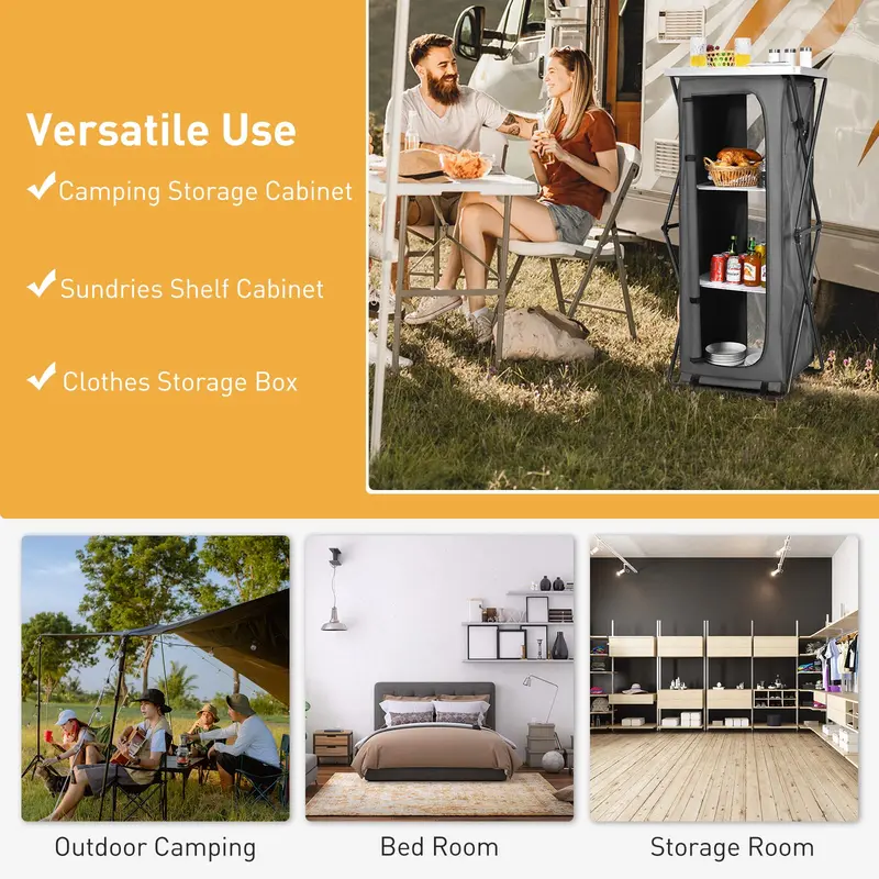 Goplus Klappbarer Camping-Speiseschrank, schnellaufbauende Outdoor-Camping-Küchenstation mit großem 3-Ebenen-Aufbewahrungsorganizer